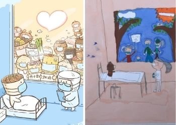 The image on the left by Chen Yuting, 26, of Tianjin, China, inspired the drawing on the right by Alice Zheng, 7, of Chapel Hill. Chen’s image, submitted to a newspaper contest in China, went viral. The signs read, “Hot dry noodles” and “Stay strong.” Alice drew a teddy bear as the patient in her image because “bears can get sick fast because they eat with dirty hands (they don't know how to wash hands).”